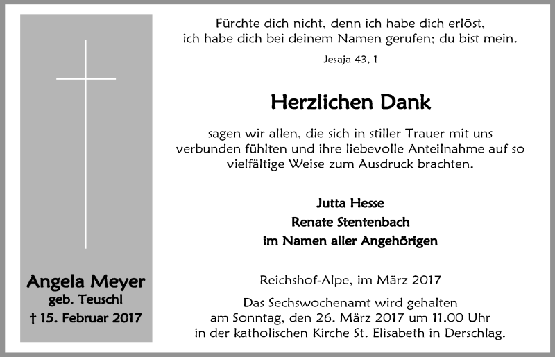  Traueranzeige für Angela Meyer vom 22.03.2017 aus  Anzeigen Echo  Lokalanzeiger 