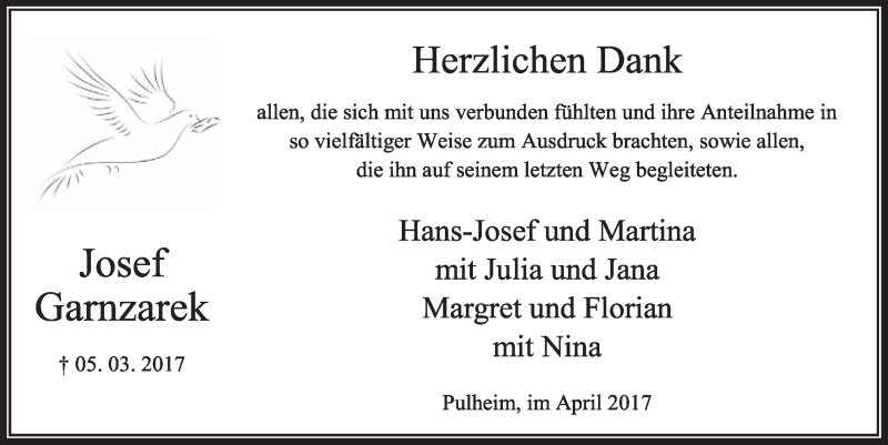  Traueranzeige für Josef Garnzarek vom 01.04.2017 aus  Sonntags-Post 
