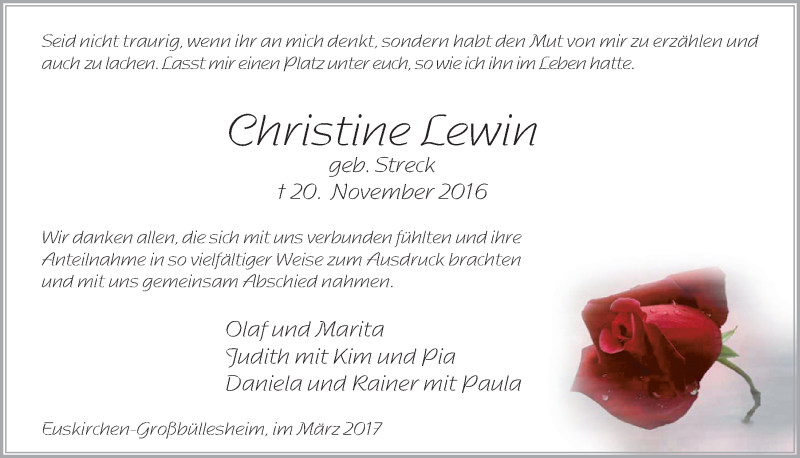  Traueranzeige für Christine Lewin vom 11.03.2017 aus  Blickpunkt Euskirchen 