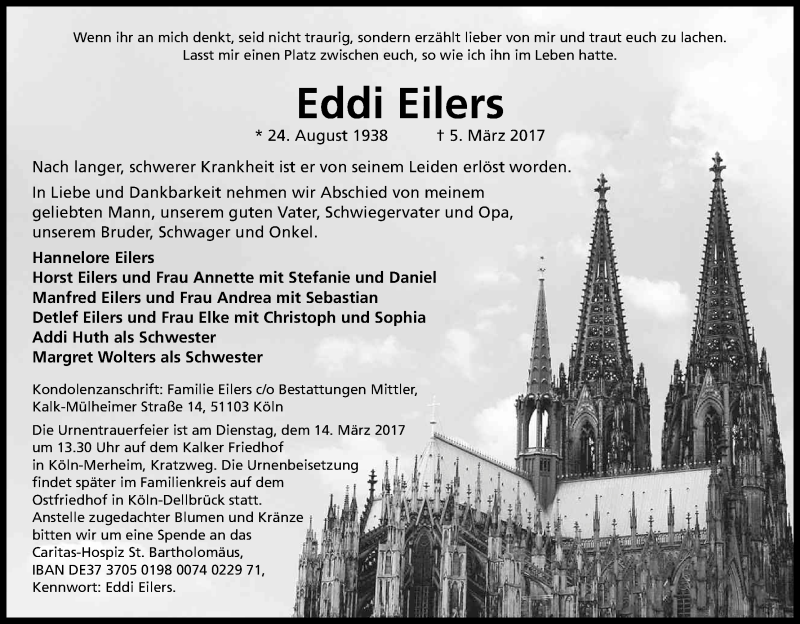  Traueranzeige für Eddi Eilers vom 08.03.2017 aus Kölner Stadt-Anzeiger / Kölnische Rundschau / Express