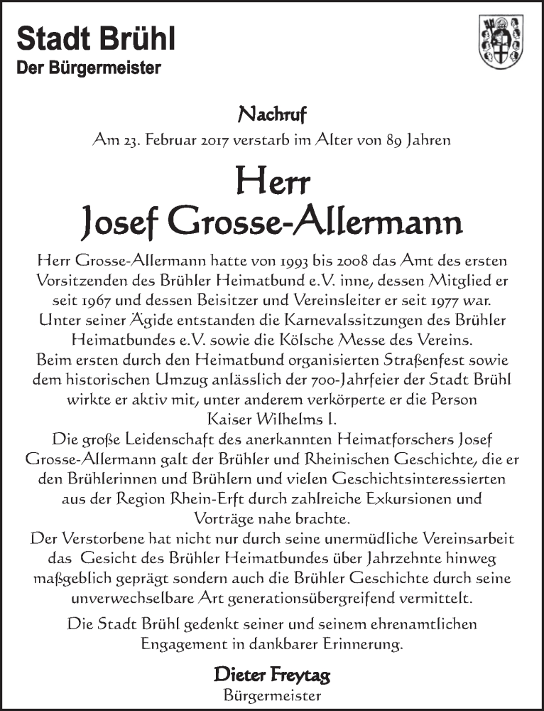  Traueranzeige für Josef Grosse-Allermann vom 15.03.2017 aus  Schlossbote/Werbekurier 