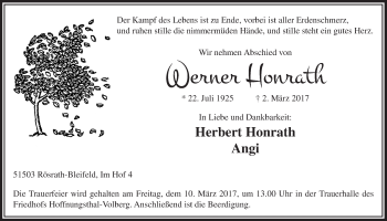 Anzeige von Werner Honrath von  Bergisches Handelsblatt 