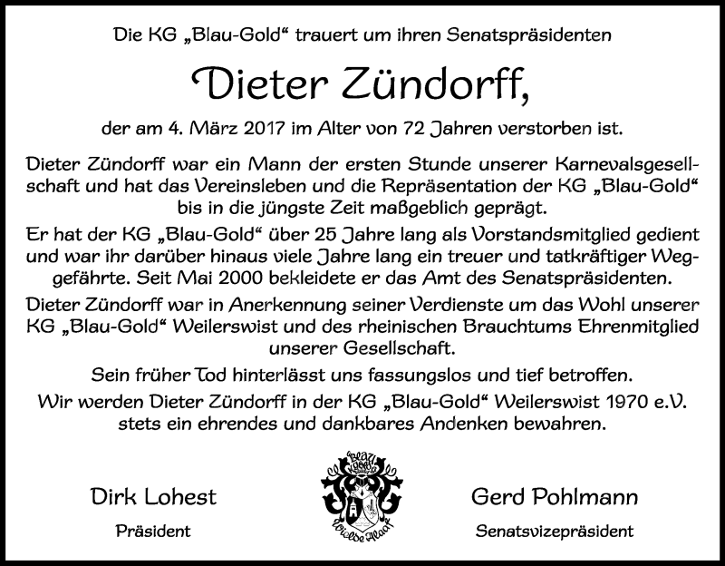  Traueranzeige für Dieter Zündorff vom 08.03.2017 aus Kölner Stadt-Anzeiger / Kölnische Rundschau / Express