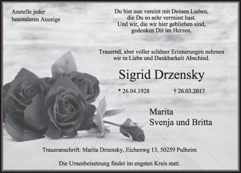  Traueranzeige für Sigrid Drzensky vom 01.04.2017 aus  Sonntags-Post 