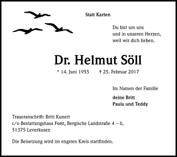 Anzeige von Helmut Söll von Kölner Stadt-Anzeiger / Kölnische Rundschau / Express