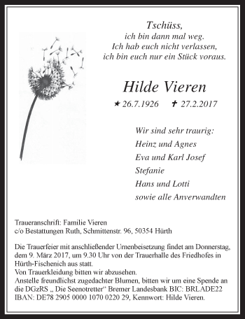 Anzeige von Hilde Vieren von  Wochenende 