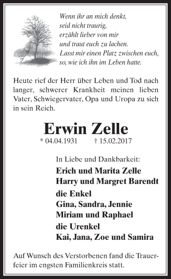 Anzeige von Erwin Zelle von  Werbepost 