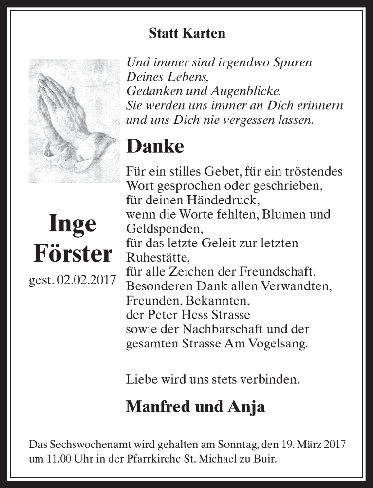  Traueranzeige für Inge Förster vom 11.03.2017 aus  Sonntags-Post 