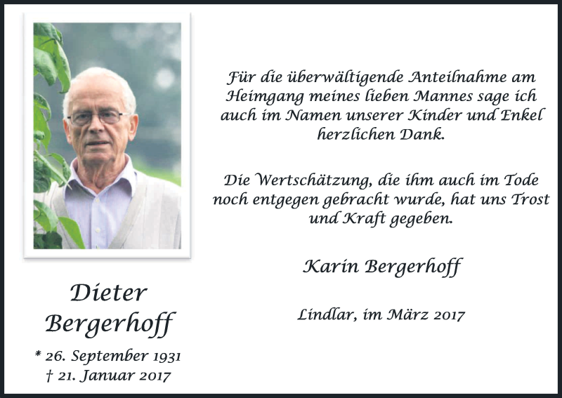  Traueranzeige für Dieter Bergerhoff vom 04.03.2017 aus Kölner Stadt-Anzeiger / Kölnische Rundschau / Express