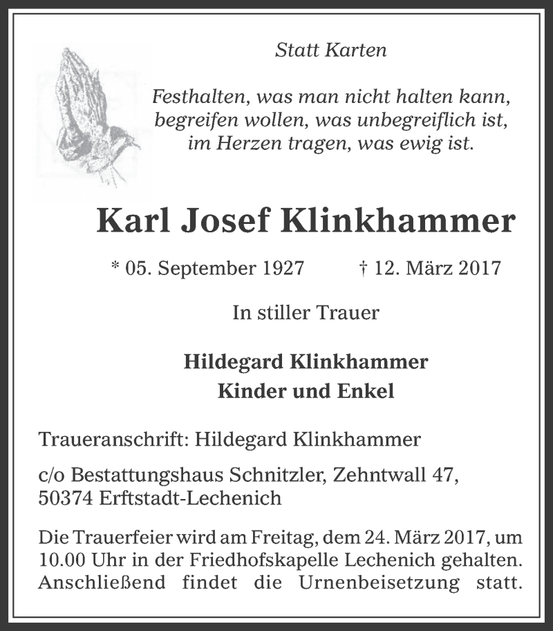  Traueranzeige für Karl Josef Klinkhammer vom 22.03.2017 aus  Werbepost 