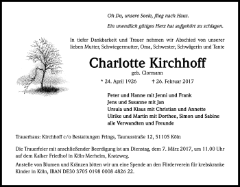 Anzeige von Charlotte Kirchhoff von Kölner Stadt-Anzeiger / Kölnische Rundschau / Express