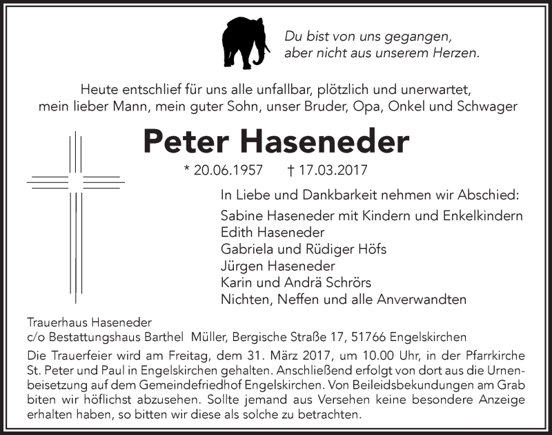  Traueranzeige für Peter Haseneder vom 29.03.2017 aus  Anzeigen Echo 