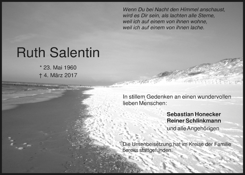  Traueranzeige für Ruth Salentin vom 25.03.2017 aus  Blickpunkt Euskirchen 