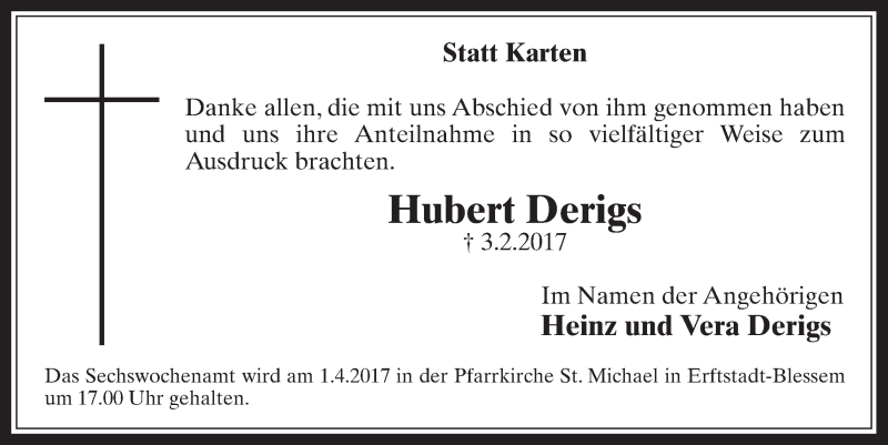  Traueranzeige für Hubert Derigs vom 22.03.2017 aus  Werbepost 