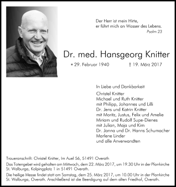 Anzeige von Hansgeorg  Knitter von Kölner Stadt-Anzeiger / Kölnische Rundschau / Express