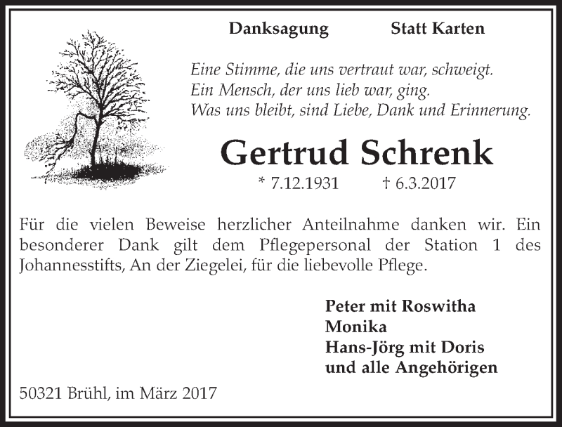  Traueranzeige für Gertrud Schrenk vom 22.03.2017 aus  Schlossbote/Werbekurier 