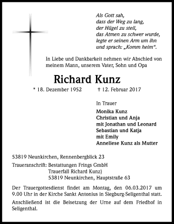 Anzeige von Richard Kunz von Kölner Stadt-Anzeiger / Kölnische Rundschau / Express
