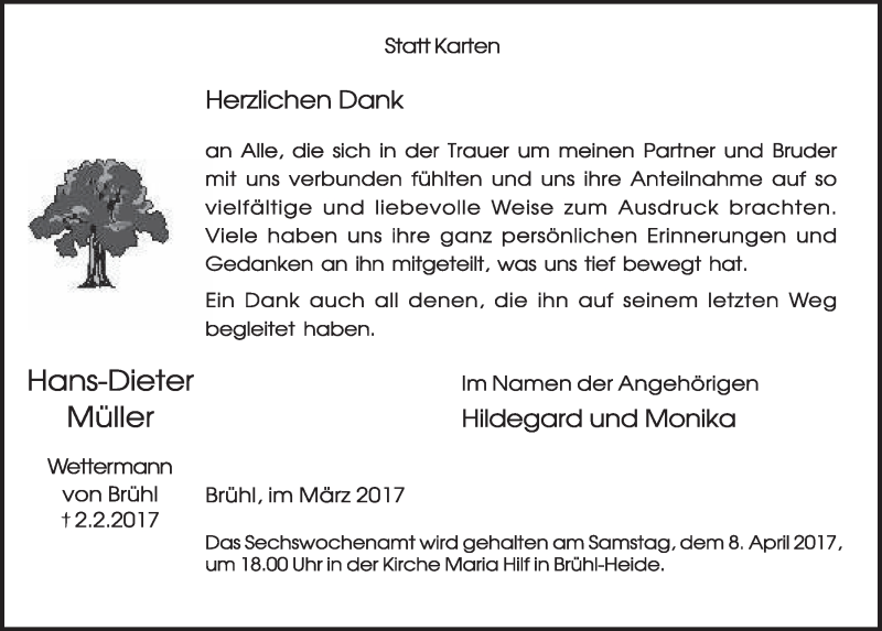  Traueranzeige für Hans-Dieter Müller vom 29.03.2017 aus  Schlossbote/Werbekurier 