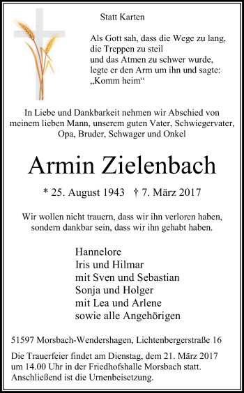 Anzeige von Armin Zielenbach von Kölner Stadt-Anzeiger / Kölnische Rundschau / Express