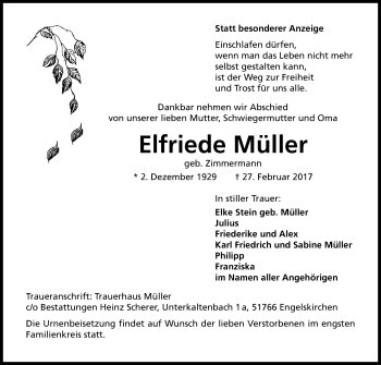 Anzeige von Elfriede Müller von Kölner Stadt-Anzeiger / Kölnische Rundschau / Express