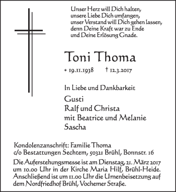 Anzeige von Toni Thoma von  Schlossbote/Werbekurier 