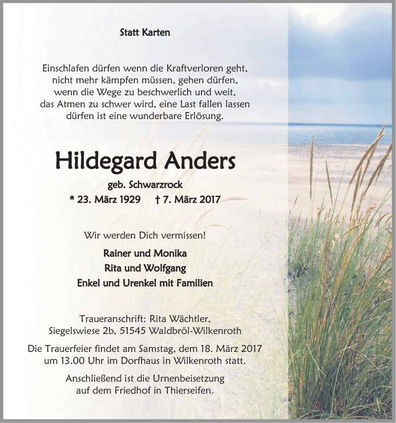  Traueranzeige für Hildegard Anders vom 15.03.2017 aus  Lokalanzeiger 