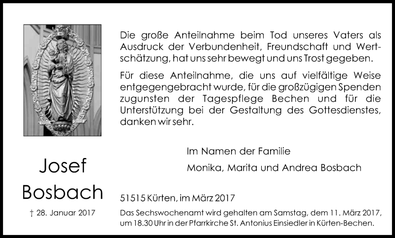  Traueranzeige für Josef Bosbach vom 04.03.2017 aus Kölner Stadt-Anzeiger / Kölnische Rundschau / Express
