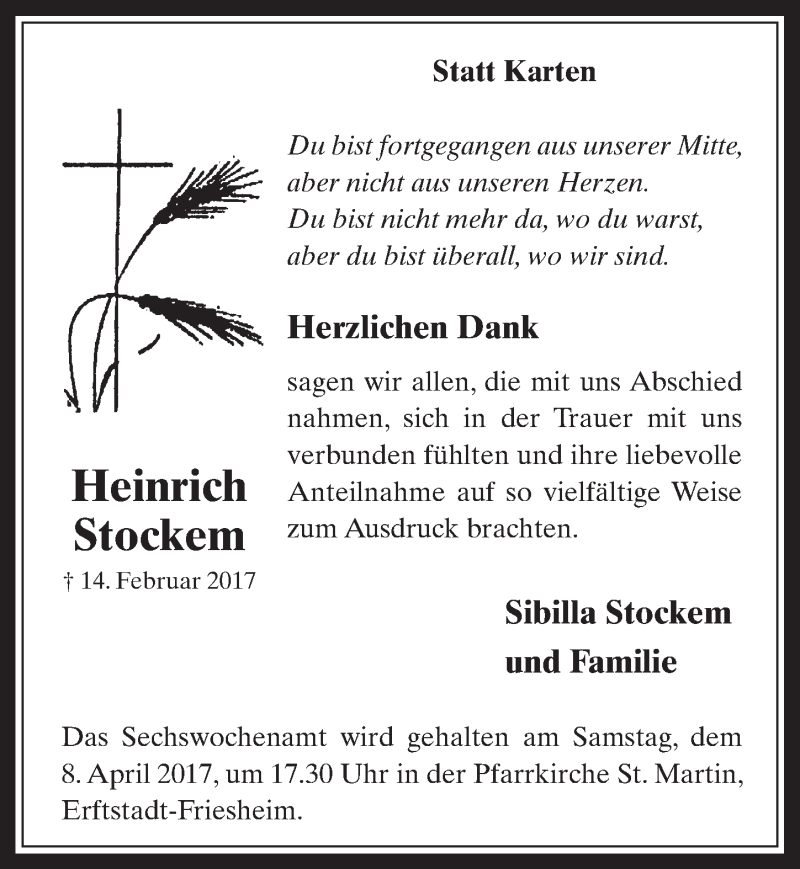  Traueranzeige für Heinrich Stockem vom 29.03.2017 aus  Werbepost 