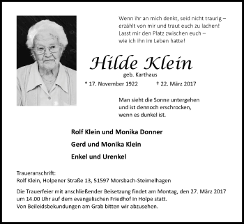 Anzeige von Hilde Klein von Kölner Stadt-Anzeiger / Kölnische Rundschau / Express
