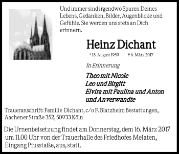 Anzeige von Heinz Dichant von Kölner Stadt-Anzeiger / Kölnische Rundschau / Express