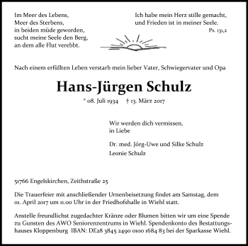 Anzeige von Hans-Jürgen Schulz von Kölner Stadt-Anzeiger / Kölnische Rundschau / Express