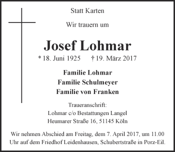 Anzeige von Josef Lohmar von  Kölner Wochenspiegel  Extra Blatt 