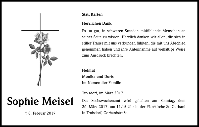  Traueranzeige für Sophie Meisel vom 15.03.2017 aus Kölner Stadt-Anzeiger / Kölnische Rundschau / Express