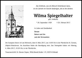 Anzeige von Wilma Spiegelhalter von Kölner Stadt-Anzeiger / Kölnische Rundschau / Express
