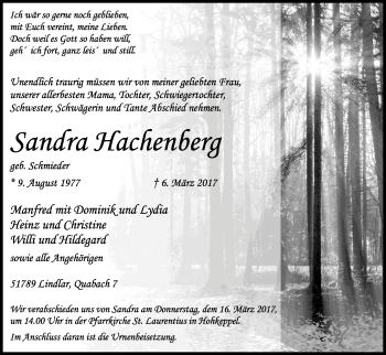 Anzeige von Sandra Hachenberg von Kölner Stadt-Anzeiger / Kölnische Rundschau / Express