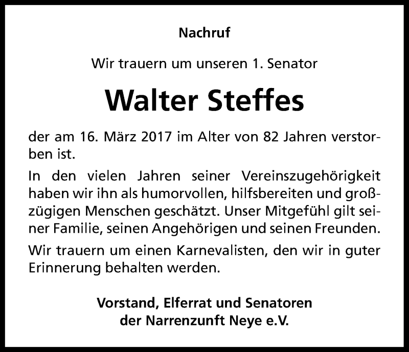  Traueranzeige für Walter Steffes vom 28.03.2017 aus Kölner Stadt-Anzeiger / Kölnische Rundschau / Express