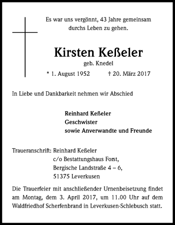 Anzeige von Kirsten Keßeler von Kölner Stadt-Anzeiger / Kölnische Rundschau / Express