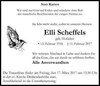 Anzeige von Elli Scheffels von Kölner Stadt-Anzeiger / Kölnische Rundschau / Express