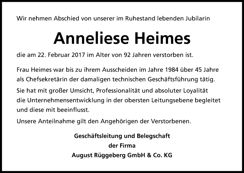  Traueranzeige für Anneliese Heimes vom 07.03.2017 aus Kölner Stadt-Anzeiger / Kölnische Rundschau / Express