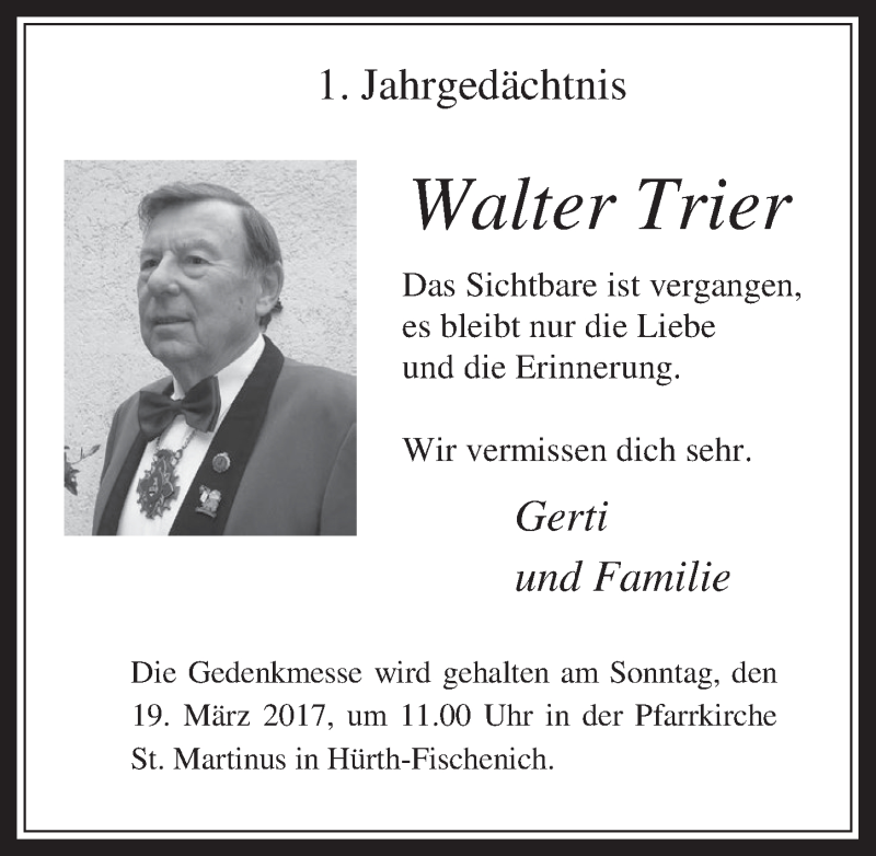  Traueranzeige für Walter Trier vom 15.03.2017 aus  Wochenende 