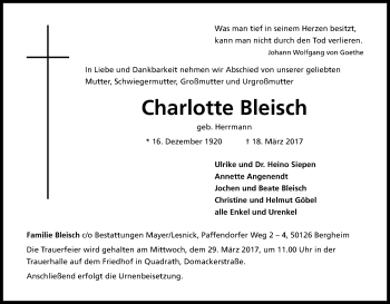 Anzeige von Charlotte Bleisch von Kölner Stadt-Anzeiger / Kölnische Rundschau / Express