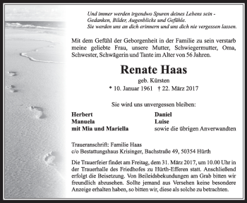 Anzeige von Renate Haas von  Wochenende 