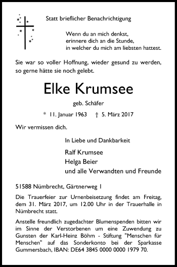 Anzeige von Elke Krumsee von Kölner Stadt-Anzeiger / Kölnische Rundschau / Express