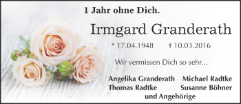 Anzeige von Irmgard Granderath von  Schaufenster/Blickpunkt 