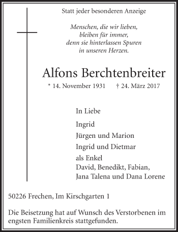 Anzeige von Alfons Berchtenbreiter von  Sonntags-Post 