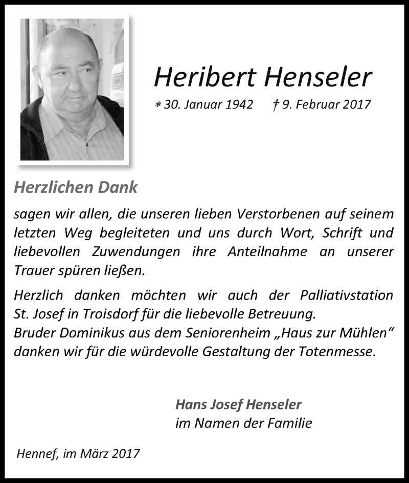  Traueranzeige für Heribert Henseler vom 18.03.2017 aus Kölner Stadt-Anzeiger / Kölnische Rundschau / Express