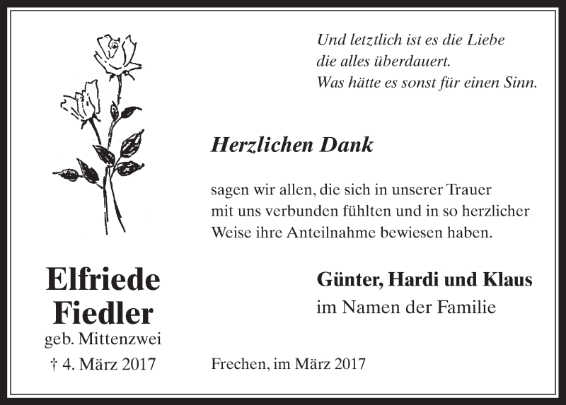  Traueranzeige für Elfriede Fiedler vom 29.03.2017 aus  Wochenende 