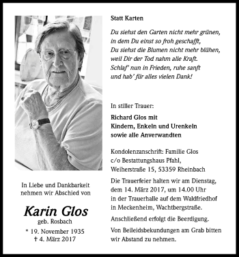 Anzeige von Karin Glos von Kölner Stadt-Anzeiger / Kölnische Rundschau / Express