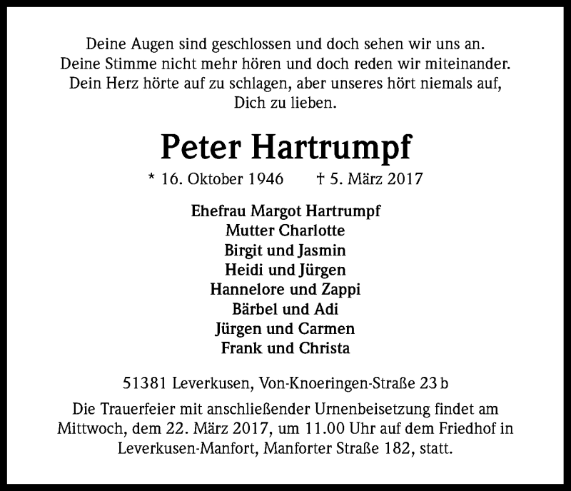  Traueranzeige für Peter Hartrumpf vom 18.03.2017 aus Kölner Stadt-Anzeiger / Kölnische Rundschau / Express