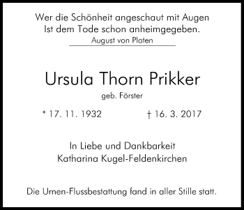 Anzeige von Ursula Thorn Prikker von Kölner Stadt-Anzeiger / Kölnische Rundschau / Express